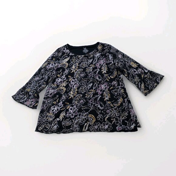 Canda C&A Top Womens L Black Floral Lined 3/4 Sheer Sleeves Lagenlook Whimsigoth - Picture 8 of 15